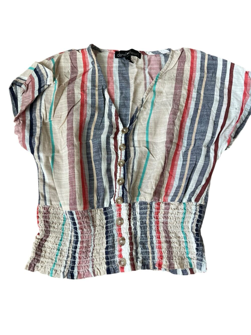 Derek Heart Multicolored Striped Short Sleeve Button Down Top Women's Size Small
